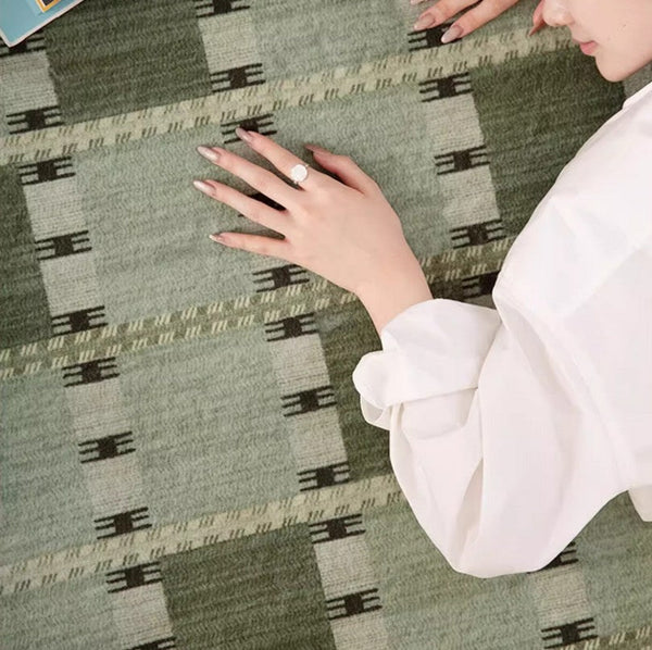 Contemporary Modern Rug for Living Room, Green Modern Area Rugs for Bedroom, Geometric Round Rugs for Dining Room, Circular Modern Rugs under Chairs-Art Painting Canvas