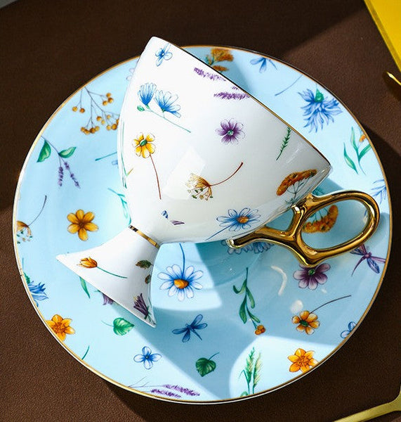 Elegant British Ceramic Coffee Cup with Saucer, 6.8 oz Tea Cup and Saucer Set in Gift Box, Floral Porcelain Tea Cup and Saucer Set, Flower Ceramic Tea Cup and Saucer-Art Painting Canvas