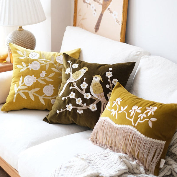 Embroidered birds cushion, Decorative Pillows for Couch, Vintage Decorative Pillows, Modern Throw Pillows for Bedroom, Decorative Pillow Arrangement Ideas for Couch-Art Painting Canvas