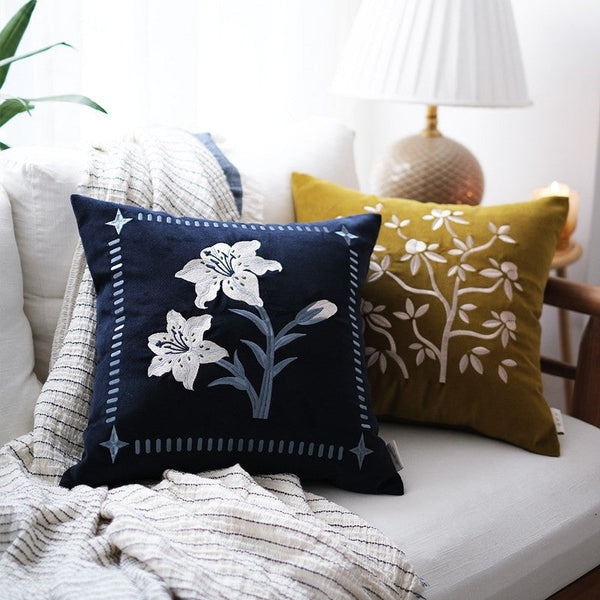 Dark Blue Lily Embroidered Cushion, Living Room Decorative Pillows, Decorative Pillow Arrangement Ideas for Couch, Large Decorative Pillows for Couch, Modern Throw Pillows for Bedroom-Art Painting Canvas
