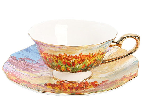 Elegant Ceramic Coffee Cups, Flower Field Vintage Porcelain Tea Cup Saucer Set, Unique British Tea Cup and Saucer in Gift Box, Royal Ceramic Cups-Art Painting Canvas