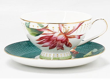 Lotus Flower Porcelain Tea Cup Saucer Set, Elegant Ceramic Coffee Cups, Beautiful British Tea Cups, Traditional English Tea Cup and Saucer-Art Painting Canvas