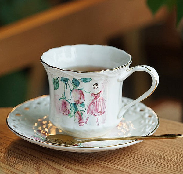 Elegant British Tea Cups, Beautiful Porcelain Tea Cup Saucer Set, Traditional English Tea Cup and Saucer, Unique Ceramic Coffee Cups-Art Painting Canvas