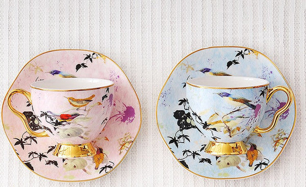 Unique Bird Flower Tea Cup and Saucer in Gift Box as Birthday Gift, Elegant Ceramic Coffee Cups, Afternoon British Tea Cups, Royal Porcelain Tea Cup Set-Art Painting Canvas