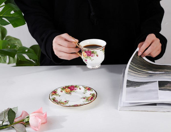 Beautiful British Flower Tea Cups, Unique Porcelain Cup and Saucer, Elegant Ceramic Coffee Cups, Creative Bone China Porcelain Tea Cup Set-Art Painting Canvas