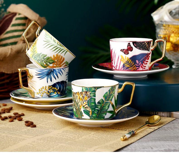 Handmade Coffee Cups with Gold Trim and Gift Box, 7.4 oz Tea Cup and Saucer, Jungle Tiger Porcelain Coffee Cups-Art Painting Canvas
