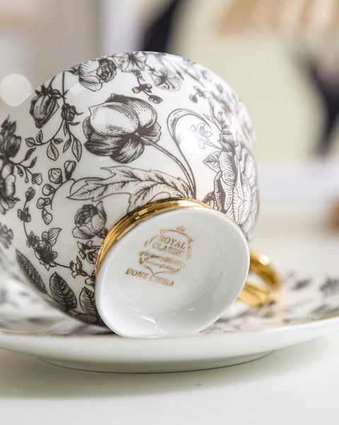 Elegant Flower Ceramic Cups, Unique Royal Coffee Cup and Saucer, Creative Porcelain Tea Cup Saucer Set, Beautiful British Tea Cups-Art Painting Canvas