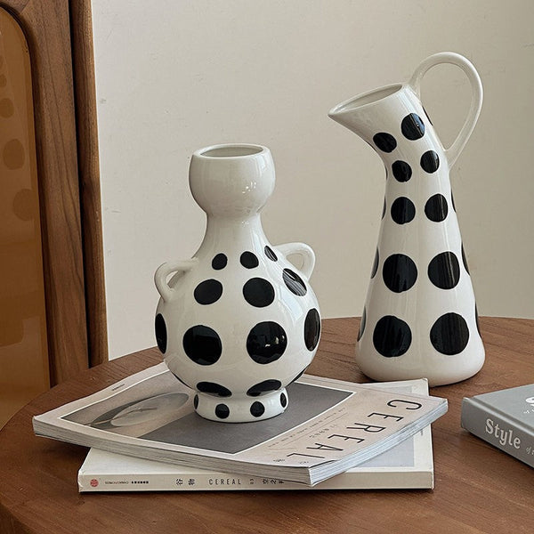 Ceramic Bud Vases, Small Flower Vases on Table, Black and White Polka Dot Flower Vase, Modern Porcelain Flower Vases, Handmade Water Holding Flower Vases-Art Painting Canvas