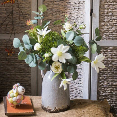 Eucalyptus Globulus, Clematis, White Rose Flowers, Unique Flower Arrangement for Home Decoration, Beautiful Modern Artificial Flowers for Dining Room Table-Art Painting Canvas