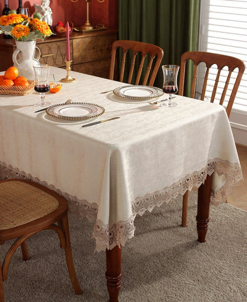 Large Simple Table Cloth for Dining Room Table, Beige Lace Tablecloth for Home Decoration, Modern Rectangle Tablecloth, Square Tablecloth for Round Table-Art Painting Canvas