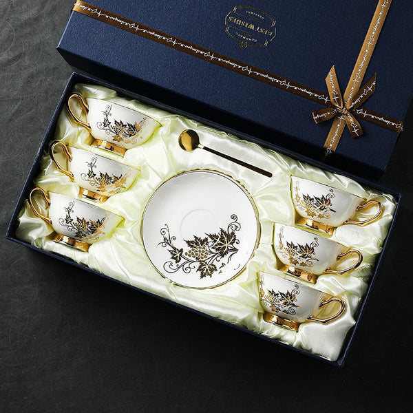 Elegant British Ceramic Coffee Cups, 7.4 oz Golden Leaves and Grapes Porcelain Tea Cup Saucer Set, Unique British Tea Cup and Saucer in Gift Box-Art Painting Canvas