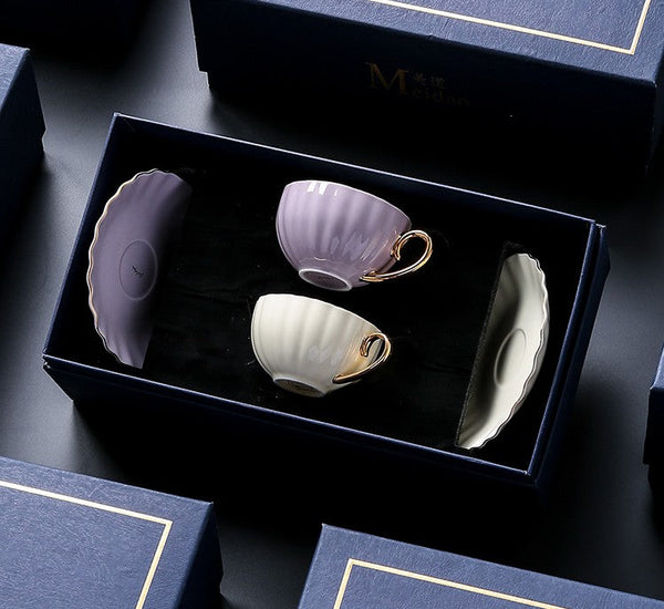 Unique Tea Cups and Saucers in Gift Box as Birthday Gift, Elegant Macaroon Ceramic Coffee Cups, Beautiful British Tea Cups, Creative Bone China Porcelain Tea Cup Set-Art Painting Canvas