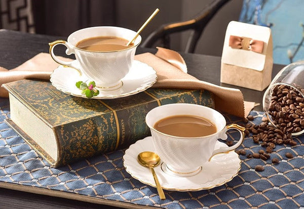 White Porcelain Tea Cup Saucer Set, 8 oz British Tea Cup and Saucer in Gift Box, Unique British Ceramic Coffee Cups for Traditional Afternoon Tea-Art Painting Canvas