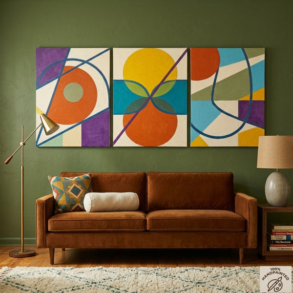 Abstract Paintings for Mid Century Modern Living Room, Multi Panel Canvas Art, Geometric Pattern Contemporary Artwork-Art Painting Canvas