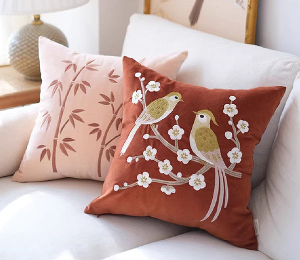 Modern Throw Pillows for Bedroom, Decorative Pillows for Couch, Vintage Decorative Pillows, Embroidered Birds Cushion, Decorative Pillow Arrangement Ideas for Couch-Art Painting Canvas