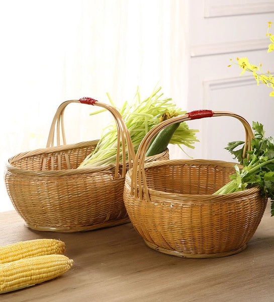 Natural Hand-woven Bamboo Basket, Extra Large Picnic Food Basket with Handle, Lovely Bamboo Baskets for Vegetable, Natural Fruit Basket Kitchen Storage Baskets-Art Painting Canvas