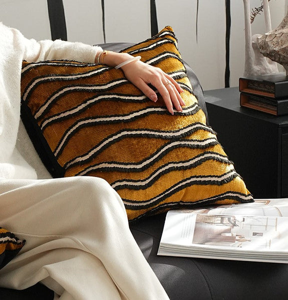 Golden Contemporary Pillows, Abstract Decorative Throw Pillows, Square Modern Throw Pillows for Couch, Large Simple Throw Pillow for Interior Design-Art Painting Canvas