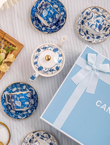 Ceramic Coffee Cup with Saucer in Gift Box, 8 oz Blue Porcelain Tea Cup and Saucer Set of 4 cups, British Traditional Afternoon Tea Cup Set with Teapot-Art Painting Canvas