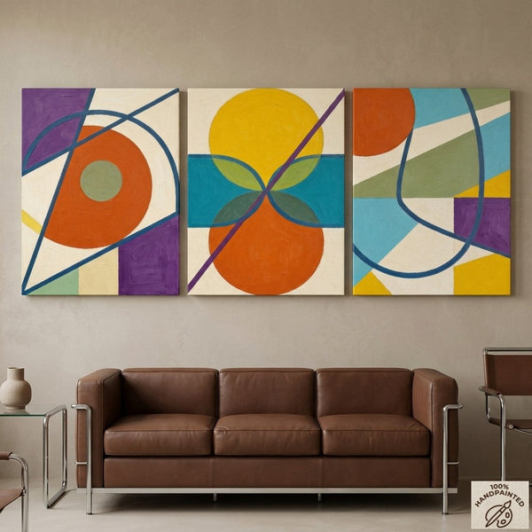 Abstract Paintings for Mid Century Modern Living Room, Multi Panel Canvas Art, Geometric Pattern Contemporary Artwork-Art Painting Canvas