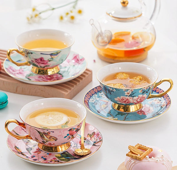 Unique Afternoon Tea Cups and Saucers in Gift Box, Royal Bone China Porcelain Tea Cup Set, Elegant Flower Pattern Ceramic Coffee Cups, Beautiful British Tea Cups-Art Painting Canvas