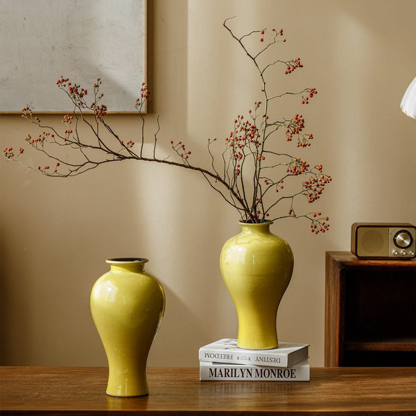 Handmade Water Holding Flower Vase, Yellow Flower Vases on Table, Ceramic Bud Vases, Porcelain Flower Vases-Art Painting Canvas