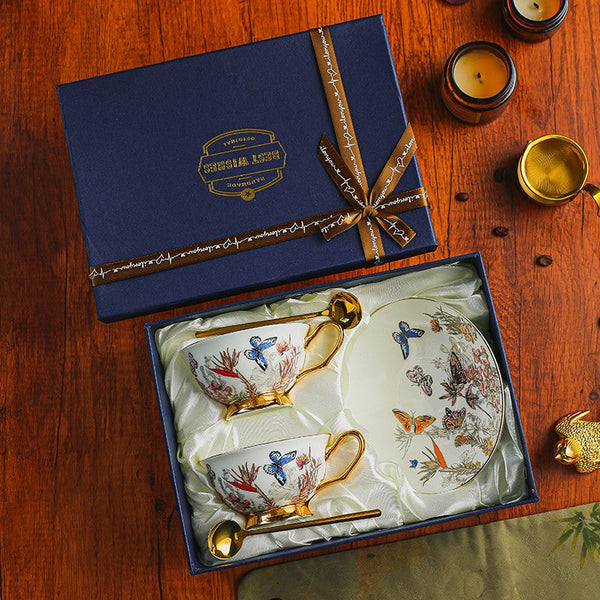 Ceramic Coffee Cups in Gift Box, Butterfly Pattern Porcelain Tea Cup and Saucer Set, British Traditional Afternoon Tea Cup and Saucer Set-Art Painting Canvas