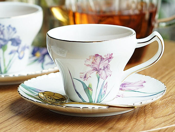 Iris Flower British Tea Cups, Beautiful Porcelain Tea Cup Saucer Set, Traditional English Tea Cup and Saucer, Unique Ceramic Coffee Cups in Gift Box-Art Painting Canvas