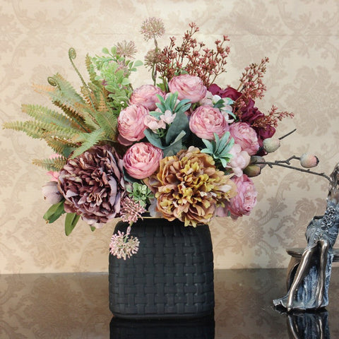 Real Touch Faux Silk Floral Bouquet Table Centerpiece, Beautiful Artificial Floral Arrangement for Bedroom, Large Bunch of Peony Flowers Arrangement-Art Painting Canvas