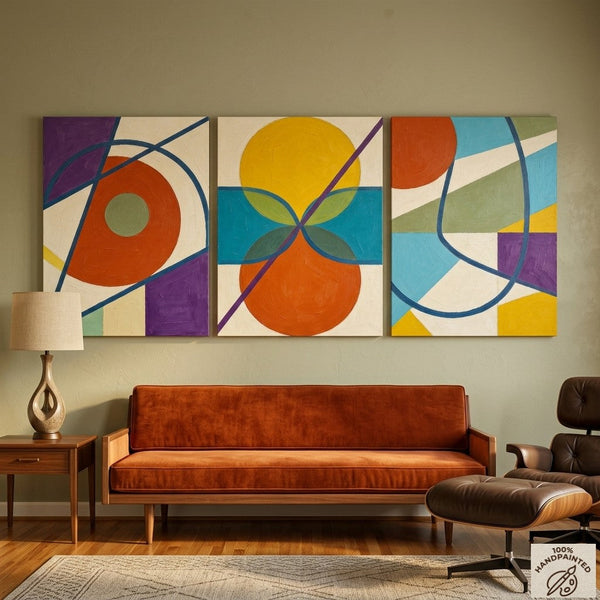 Abstract Paintings for Mid Century Modern Living Room, Multi Panel Canvas Art, Geometric Pattern Contemporary Artwork-Art Painting Canvas