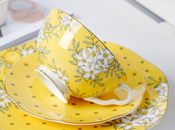 Creative Yellow Ceramic Coffee Cups, Unique Flower Coffee Cup and Saucer, Beautiful British Tea Cups, Creative Porcelain Tea Cup Set-Art Painting Canvas