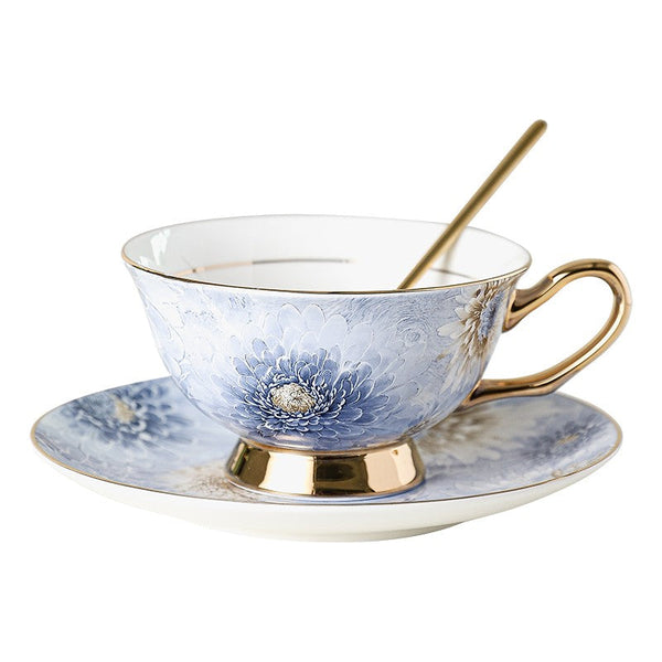 Unique Tea Cups and Saucers in Gift Box, Blue and Pink Beautiful British Tea Cups, Elegant Ceramic Coffee Cups, Creative Bone China Porcelain Tea Cup Set-Art Painting Canvas