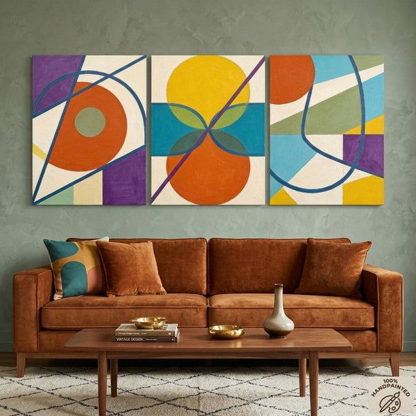 Abstract Paintings for Mid Century Modern Living Room, Multi Panel Canvas Art, Geometric Pattern Contemporary Artwork-Art Painting Canvas