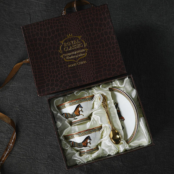 Porcelain Tea Cup and Saucer Set, 7.4 oz British Horse Pattern Coffee Cup with Saucer, Ceramic Tea Cup and Saucer in Gift Box-Art Painting Canvas