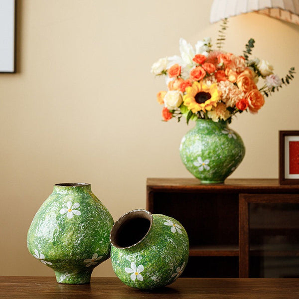 Modern Pottery Flower Vases, Centerpiece on Dining Table, Handmade Water Holding Flower Vases, Pottery Bud Vases, Large Green Flower Vases on Table-Art Painting Canvas