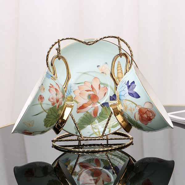Unique British Tea Cup and Saucer in Gift Box, Lotus Flower Porcelain Tea Cup Saucer Set, Elegant British Ceramic Coffee Cups-Art Painting Canvas
