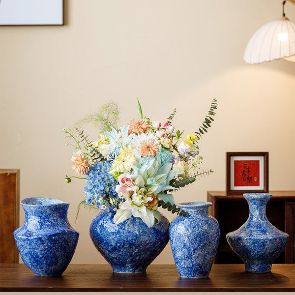 Handmade Water Holding Flower Vases, Centerpiece on Dining Table, Blue Pottery Bud Vases, Large Flower Vases on Table, Modern Pottery Flower Vases-Art Painting Canvas
