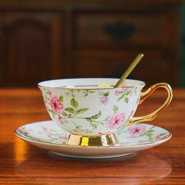 Porcelain Tea Cup Saucer Set of 2 Cups, Flower Tea Cup and Saucer Set in Gift Box, Floral Ceramic Coffee Cup with Saucer, Beautiful British Tea Cup and Saucer-Art Painting Canvas