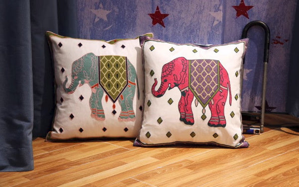 Cotton Decorative Pillows, Elephant Embroider Cotton Pillow Covers, Farmhouse Decorative Sofa Pillows, Decorative Throw Pillows for Couch-Art Painting Canvas