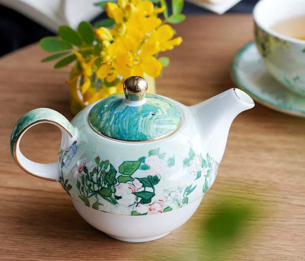 Ceramic Tea Pot with Integrated Cup, Mother-and-Baby Teapot with Matching Saucer, Vintage Style Stackable Tea Pot Set, English Style Tea Pot and Cup Set-Art Painting Canvas