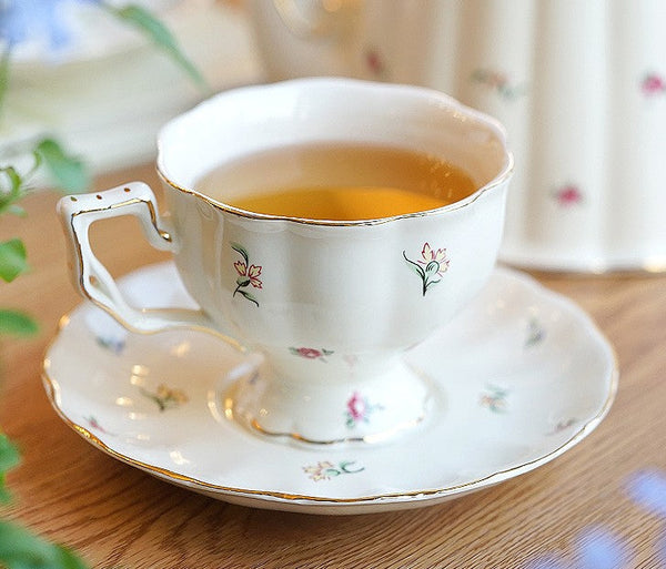 Porcelain Tea Cup Saucer Set, Beautiful British Tea Cups, Traditional English Tea Cup and Saucer, Unique Ceramic Coffee Cups-Art Painting Canvas