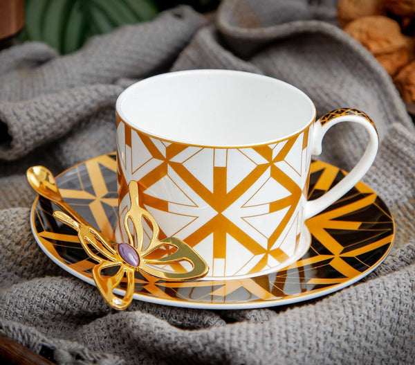 Modern Coffee Cup and Saucer, 8 oz Ceramic Cups, Creative Porcelain Tea Cup Saucer Set, Beautiful British Tea Cups-Art Painting Canvas