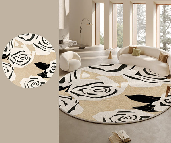 Abstract Contemporary Rugs for Bedroom, Modern Round Rugs under Coffee Table, Circular Rugs for Dining Table, Modern Cream Color Rugs for Living Room-Art Painting Canvas
