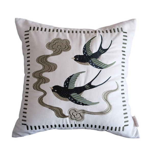 Luxury Decorative Pillows for Couch, Modern Throw Pillows for Couch, Vintage Decorative Pillows, Embroidered Swallow Birds Cushion, Decorative Pillow Arrangement Ideas for Bed-Art Painting Canvas