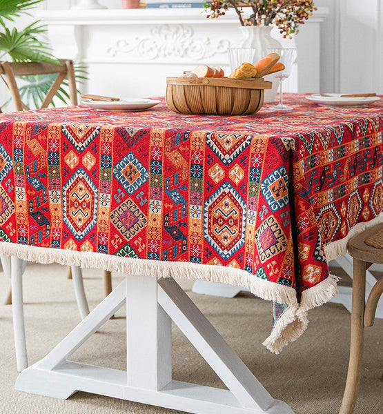 Oriental Red Rectangular Table Covers for Coffee Table, Bohemian Rectangular Tablecloth for Oval Table, Large Modern Linen Tablecloths-Art Painting Canvas