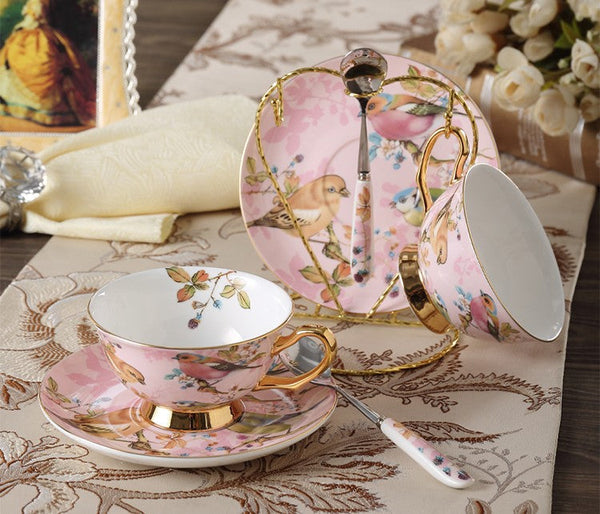 Elegant Ceramic Coffee Cups, 7.4 oz British Tea Cups, Bird Porcelain Tea Cup Saucer Set, Tea Cup and Saucer in Gift Box as Birthday Gift-Art Painting Canvas