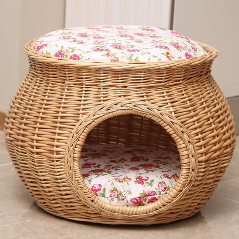 Rattan Cat Bed, Wicker Cat House Basket with Washable Cushion for Indoor Cats and Dogs