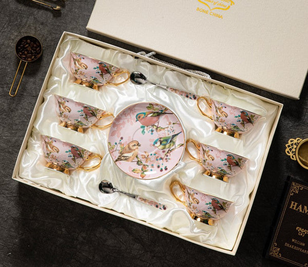 Lovely Birds Ceramic Cups, Elegant Ceramic Coffee Cups, Afternoon Bone China Porcelain Tea Cup Set, Unique Tea Cup and Saucer in Gift Box-Art Painting Canvas