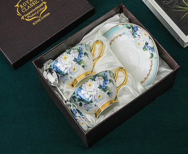 Elegant British Ceramic Coffee Cups, 7.4 oz Tea Cup and Saucer in Gift Box, Royal Porcelain Tea Cup Saucer Set, Rose Flower Pattern Ceramic Cups-Art Painting Canvas