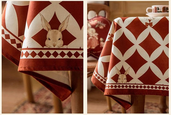 Holiday Red Tablecloth for Dining Table, Rabbit Pattern Table Cover for Dining Room Table, Modern Rectangle Tablecloth for Oval Table-Art Painting Canvas