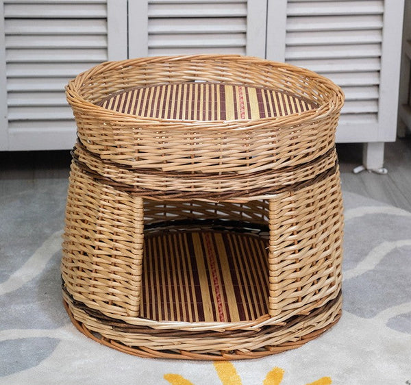 Large Double-Layer Cat Bed, Wicker Cat House Basket with Washable Cushion for Indoor Cats and Dogs